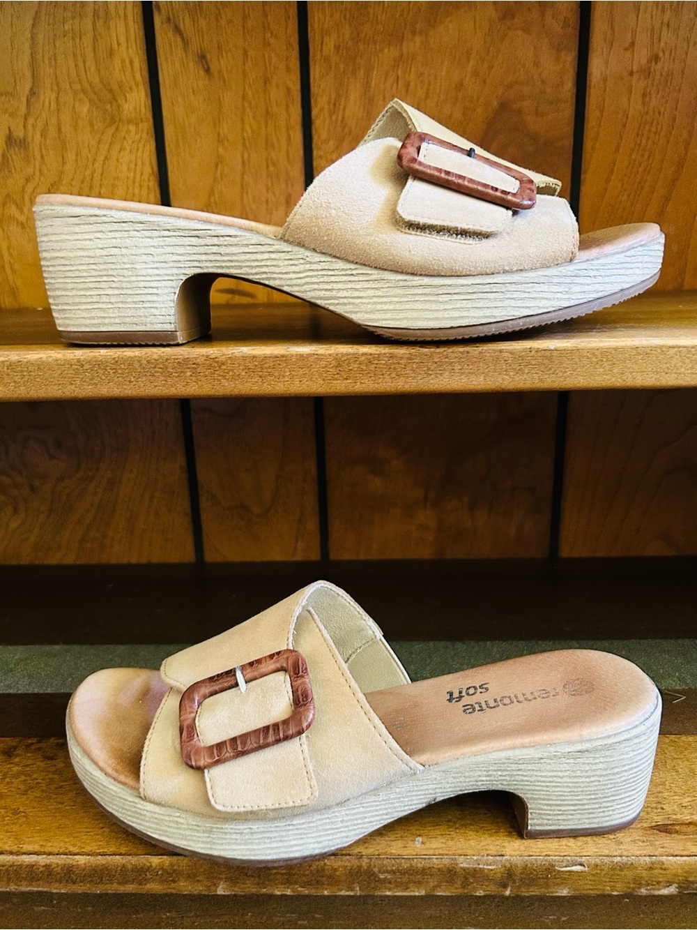 Remonte Soft Beige Suede DON56 Jerilyn Faux Buckle Mules Sandals size 39 8 - Picture 4 of 11